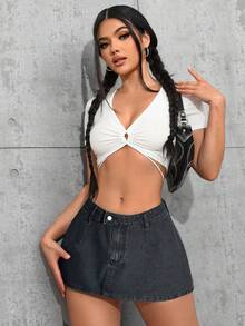 SHEIN ICON Váy mini denim nữ cỡ lớn, trang phục cao bồi cho mùa hè - Màu xám đen - Xem 5