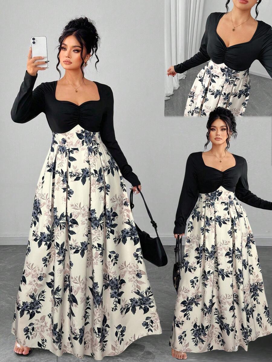 Elenzga 2025新款大码女装轻盈奢华黑色文胸罩杯扭结印花压花复古碎花连衣裙，适合返校、毕业典礼、情人节、音乐节、母亲节、万圣节、感恩节、复活节、国庆节、晚宴、约会派对、婚礼季、户外郊游等场合。 - 黑色 - 查看 1
