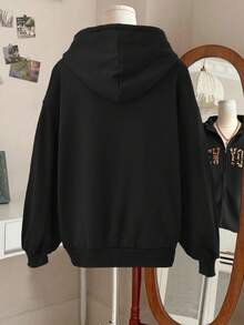 Lalippa 女士豹纹字母图案连帽拉链长袖运动衫 - 黑色 - 查看 2