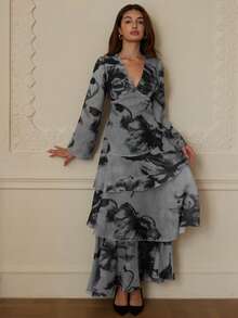 GENKIRA New Spring/Summer Large Floral Chiffon Print Multi-Layer Sexy Flared Dress - Black - View 5