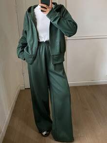 DAZY 女士休闲连帽卫衣和阔腿裤两件套，秋季运动套装，女士家居服套装 - 墨綠色 - 查看 3