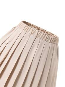 SHEIN 2 件青少年女孩翻领长袖双排扣短款西装外套 + 松紧腰褶皱迷你裙套装，休闲通勤时尚装，秋季 - 杏色 - 查看 4