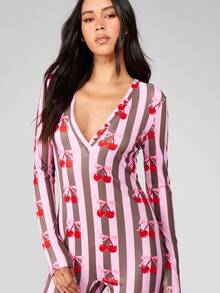 MISSGUIDED Long Sleeve Cherry Print Striped V Neck Romper Jumpsuit With Full Length Legs For Spring Summer - Multicolor - View 5