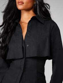 MISSGUIDED Double Layer Button Front Collared Long Sleeve Blouse With Overlay Cape Detail - Black - View 6