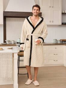 CoupledUp Men's Contrast Color Pom Pom Hooded Jacquard Fleece Bathrobe Fluffy Cozy Winter Bathrobe For Women Robe Bath Robes Sleep Robe His And Hers Robes - Apricot - View 4