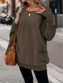 EMERY ROSE Fashionable Versatile Solid Color Batwing Sleeve Double Pocket Sweater