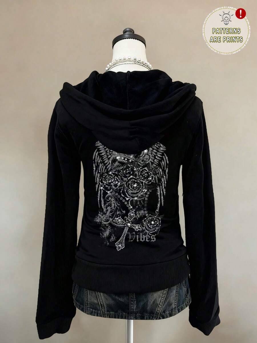 Attitoon Lässiger, vintage, punk, street Y2K Skelett Flügel Kreuz Rose Blume Englisch Buchstaben Strass Krone Muster Loose Reißverschluss Hoodie Sweatshirt für Frauen, bequem für Herbst/Winter