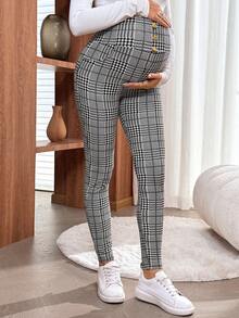 SHEIN Adjustable Waist Maternity Skinny Pants With Button Design, Houndstooth Pattern 2 Piece Maternity Set Maternity Leggings 2 Piece Sets Woman Pregnancy Maternity Clothes Nanny Pregnancy Pants - Black and White - View 5