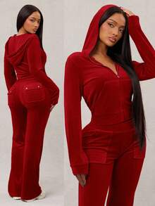 Radiana 女士性感休闲灰蓝色经典修身丝绒两件套：拉链连帽卫衣+阔腿裤，舒适柔软，适合休闲、运动、居家或外出穿着。 - 紅色 - 查看 6