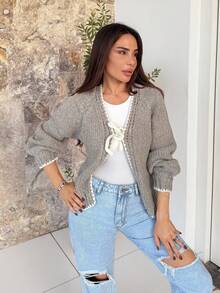 Milla Jasmine كارديجان كنزة صوفية نسائية بياقة على شكل V وأكمام طويلة مع تريم ملون وعقدة، كنزة صوفية محبوكة للخريف/الشتاء