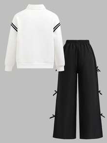 SHEIN بنطلون وبلوزة كاجوال للبنات المراهقات مع تصميم ألوان متباينة وشريطية مع زينة فيونكة، للخريف والشتاء - الأسود - مشاهدة 2