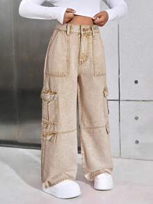 SHEIN Tween Girl Y2K Spring Summer Trending Solid Washed High Waist Flap Pocket Baggy Straight Leg Cargo Jeans,Girls Summer Back To School Streetwear,Beach Boho Concert Wide Leg Pants Rave Festival,Graduation - Khaki - View 3