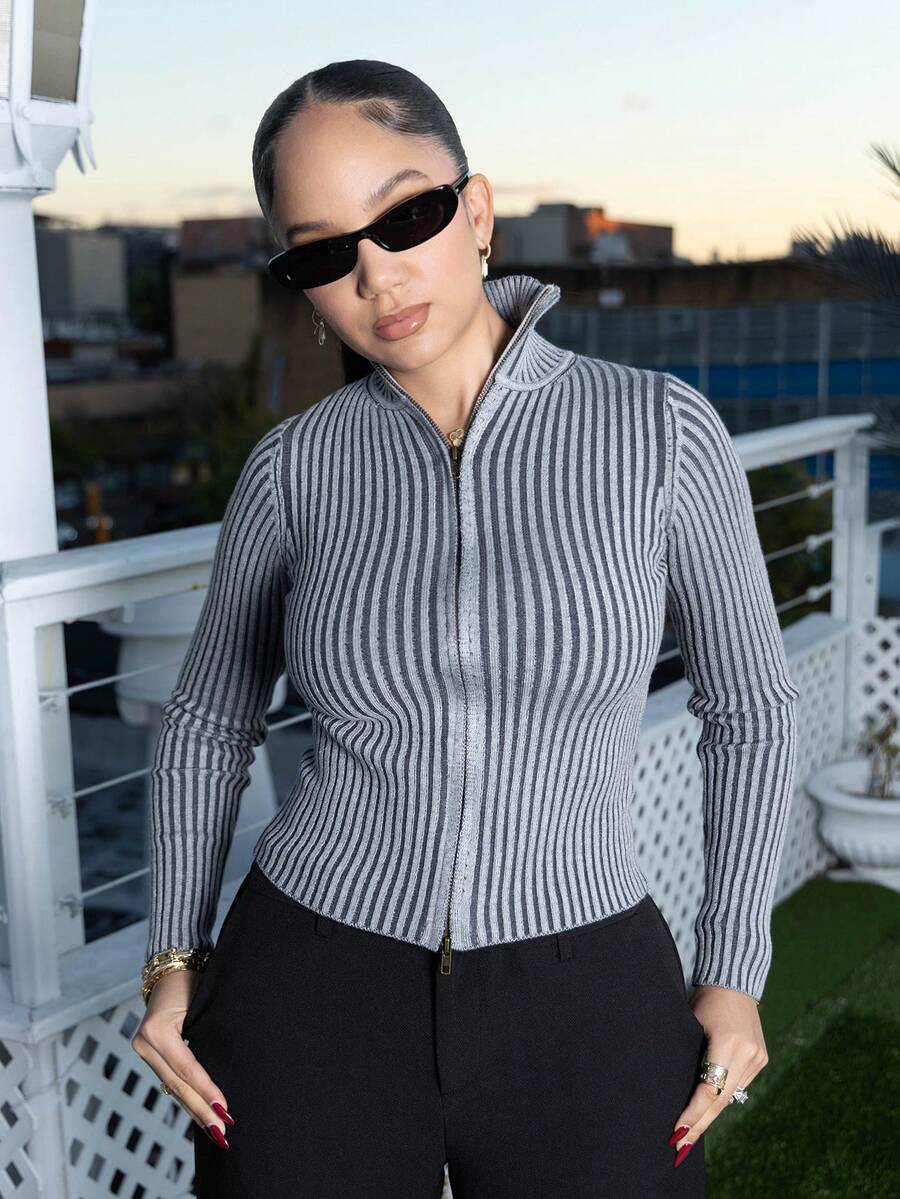 Melissa Matos Ribbed High Neck Zip Up Cardigan Spring Casual Y2k 90's Stripe Cute Airport Holiday Summer Vacation Fall Back To School Autumn Winter Everyday Christmas Work Office - Dark Grey - View 1