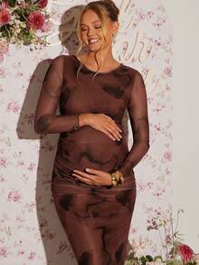 Loomaby Pregnant Women's Tie-Dye Print Round Neck Long Sleeve Ruched Fitted Elegant Dress Brown Maternity Dress Pregnant Dress Long Brown Dress Pregnancy Photoshoot Dress Brown Elegant Dress Women  Dress Gender Reveal Dress Maternity Dress Baby Shower Dress Maternity Long Dress - Brown - View 4