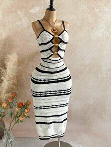 Soleia Women's Striped Hollow-Out Sexy Spaghetti Strap Knitted Dress In Fall/Winter - Black and White - View 4