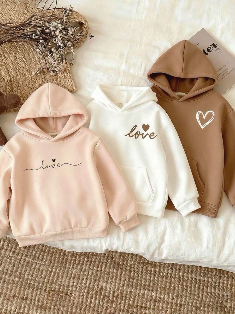 SHEIN 3件套少女针织保暖连帽卫衣,白色、米色、棕色,宽松版型,爱心字母图案,休闲百搭,适合秋冬季穿着 - 彩色 - 查看 1