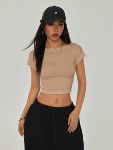 SHEIN PETITE 小号黑色露背T恤，适合夏季穿着 - 卡其色 - 查看 2