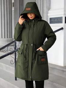 EMERY ROSE Fashionable Casual Retro Elegant Comfortable Contrast Color Patchwork Waist Cinched Padded Coat - Army Green - View 7