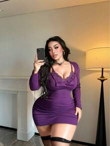 Flirla Đầm ren dệt kim gợi cảm tay dài nửa khóa kéo cỡ lớn dành cho nữ - Màu tím - Xem 5