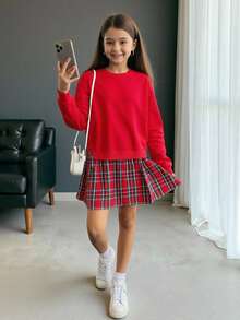 Firerie Kids 少女红色卫衣拼接格子裙连衣裙，复古时尚百搭休闲日常穿着，适合圣诞节、新年、圣诞派对、圣诞礼物、圣诞家庭/姐妹装。 - 紅色 - 查看 7