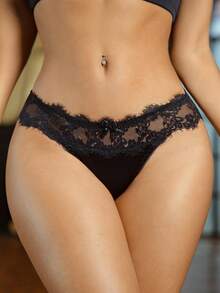 Seduluxe Quần lót ren vá nơ trang trí thiết kế chéo cho nữ - màu đen - Xem 5