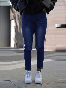 SAYEHFBABY Jeans skinny con bottoni arricchiti, in vita alta, effetto vissuto nello stile Y2K, con fodera termica, jeans skinny con tasche, jeans in denim spesso per autunno e inverno