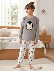 2 件套女童优雅可爱灰色毛绒企鹅刺绣上衣和企鹅全身印花裤休闲舒适睡衣套装 - 灰色 - 查看 3