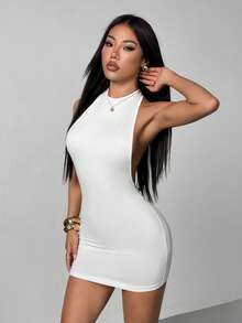 SHEIN PETITE Solid Color Criss-Cross Backless Sexy Casual Mini Dress Tight Short Dress White Sexy Dress Women White Bodycon Dress White Curve Dress White Club Dress - White - View 3