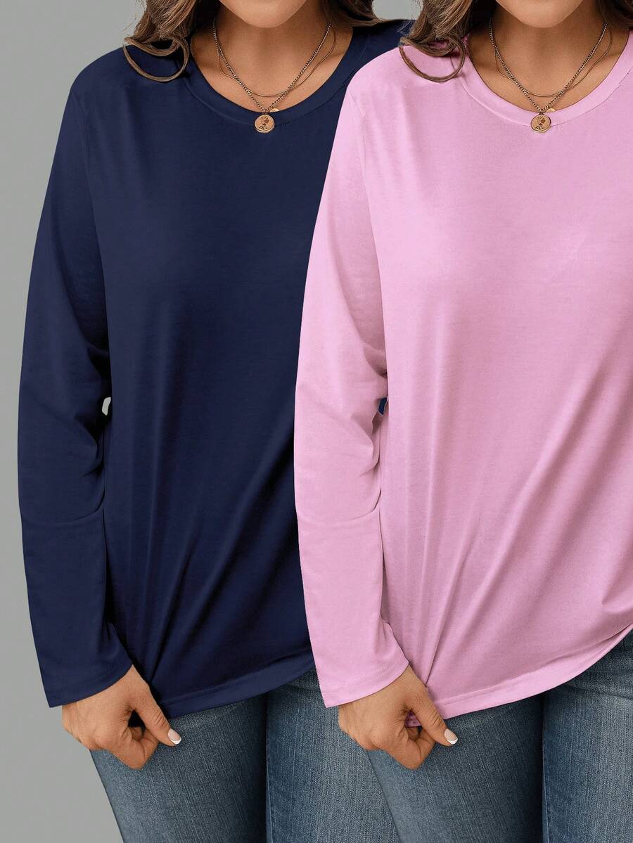 EMERY ROSE 2 chiếc áo thun dài tay cổ tròn màu xanh navy và hồng dành cho nữ, áo thường ngày và đa năng, mùa thu/đông - Nhiều màu - Xem 1