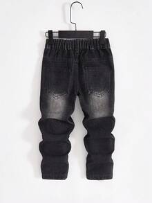 男童复古做旧黑色牛仔裤，街头休闲宽松版型，破洞设计，毛边裤脚，松紧腰带，五口袋设计，柔软棉质牛仔布，适合日常、派对、上学、通勤等场合，秋冬新品 - 黑色 - 查看 2