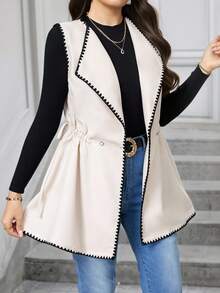 Modelyn Chaqueta sin mangas con cintura con cordón y ribete de color block, talla grande, para otoño/invierno - Albaricoque - Ver 5