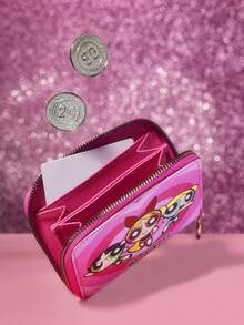 THE POWERPUFF GIRLS X SHEIN 1 Piece Cute Cartoon Character Printed Zipper Pu Leather Short Wallet, Organ Compartment, Card Storage, Suitable For Teenagers And Ladies, Blossom, Bubbles, Buttercup, Friendship, Love.,Gift Ideas - 粉色 - 查看 2