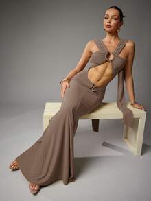 Hauture 女士性感夏季度假夜出游芥末黄带蛇形装饰细节长裙 - 棕色 - 查看 6