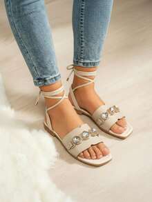 Sandalia plana para mujer diseño brillante detalle pedrería punta cuadrada cordón ajustable estilo elegante verano diario sandalia - Blanco - Ver 2