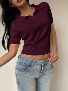 FavEase Women's Twist Rope Polo Neck Yellow Knit Top - Burgundy - View 3