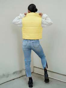 SAYEHFBABY Chaleco acolchado corto con cremallera reversible y botones de pana amarillo casual para mujer en otoño/invierno - Amarillo - Ver 2
