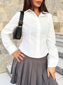 Milla Jasmine Basic Casual Long Sleeve Shirt With Cinched Waist ,Petite Women - White - View 4