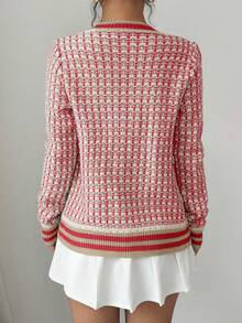 Xyvia Áo khoác cardigan dệt kim đơn hàng ngày, tay dài, họa tiết kẻ caro, dành cho nữ, mùa thu/đông - Đỏ - Xem 2