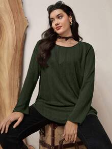 SHEIN LUNE Plus Size Casual Long Sleeve Textured Fabric T-Shirt With Curved Hem, Suitable For Autumn/Winter Holiday - Army Green - View 1