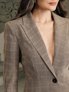 Anewsta 优雅经典格纹女士商务套装，单扣长裤，适合通勤，高品质，秋冬季，新年、派对、婚礼，优雅、时尚、别致、潮流，圣诞节、节日、商务休闲 - 卡其色 - 查看 2