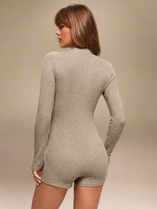 Hanevo 女士时尚休闲立领拉链半拉链长袖罗纹针织连体裤，适合日常穿着 - 杏色 - 查看 2