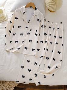 少女两件套睡衣，优雅杏色，黑色蝴蝶结图案印花，阻燃面料，长袖上衣和裤子 - 杏色 - 查看 5