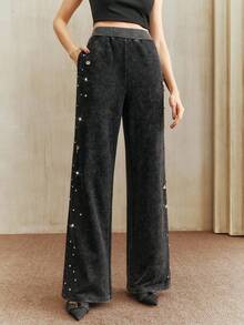 Anewsta Petite New Fashion Design Women's Asymmetrical Pearl Beaded Straight Leg Casual Sweatpants, Suitable For Festival, Winter, Autumn, Spring, Chic, Black Pants, Stylish Women's Pants - Black - View 4