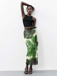 Maija 春夏新款不规则扎染花卉印花网纱面料弹力腰荷叶边修身半身裙，优雅别致 - 綠色 - 查看 7