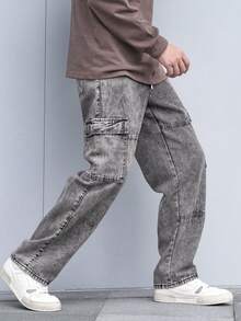 Manfinity Roughcore Men's Wide Leg Grey Denim Jeans With Cargo Pockets Long Length Casual Streetwear Back-To-School Graduation Summer - Light Grey - View 4