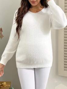 SHEIN 孕妇毛衣，宽松版型，小V领，肩部仿毛皮设计，休闲日常穿着，秋冬季长袖套头孕妇毛衣