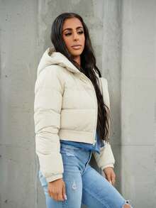SAYEHFBABY Casual Solid Color Hooded Cropped Winter Jacket - Beige - View 6