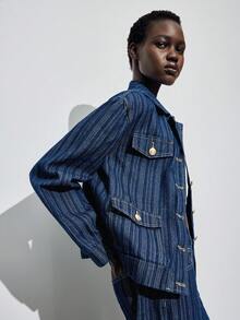 Maija 女式休闲条纹长袖单排扣牛仔夹克，秋季 - 中等水洗藍 - 查看 3