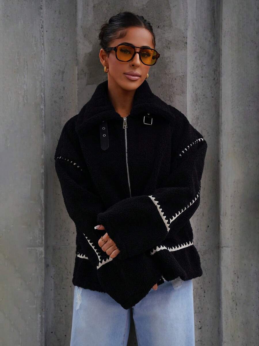 SAYEHFBABY 休闲优雅温暖米色蓬松机车泰迪熊夹克，秋冬季常规外套 - 黑色 - 查看 1