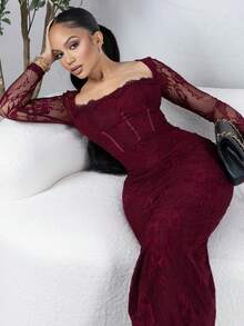 Melissa Matos Vestido maxi de Body ceñido con escote redondo, manga larga, estilo corpiño y detalles de encaje, color negro, para mujer, nuevo para otoño/invierno, adecuado para fiestas, citas nocturnas o eventos de noche - Burdeos - Ver 6